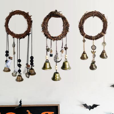 Door Knob Witch Bell Home Protection Handmade Hanging Brass Bell Wishing Bottle Rattan Wreath Witchcraft Door Hanger Wicca Wind Chime Decoration