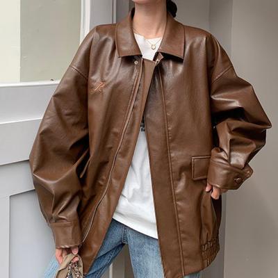 Spring Autumn Fashion New Women's Fashion Casual Temperament Lapel Leather Jacket Temperament High-end Luxury Retro Motorcycle Jacket