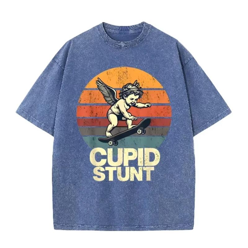 T-shirt Oversize Délavé Acide Graphique Skate Rétro Beige « Cupid Stunt »