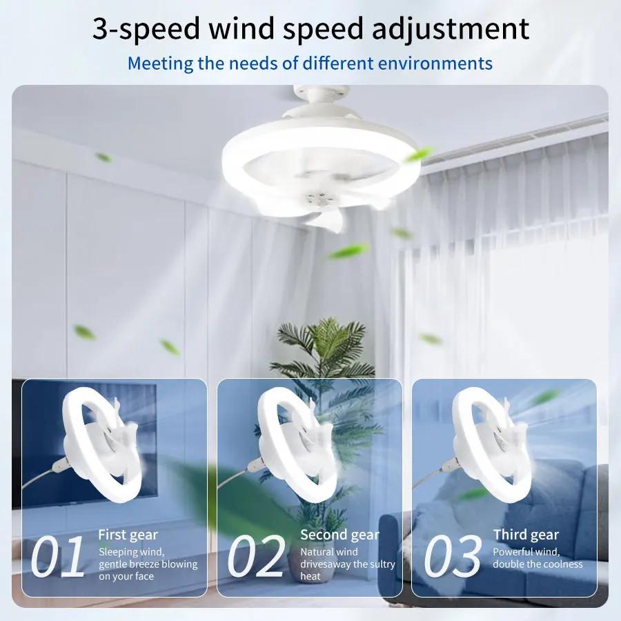 48W E27 360 ° Shaking Head Fan Light Remote Control Ceiling Chandelier Fan Automatic Household Small RGB Ceiling Fan Lamp