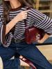 Women's Color Block Horizontal Stripe Knitwear - Casual Loose Batwing Mid-Sleeve Short Pullover Sweater