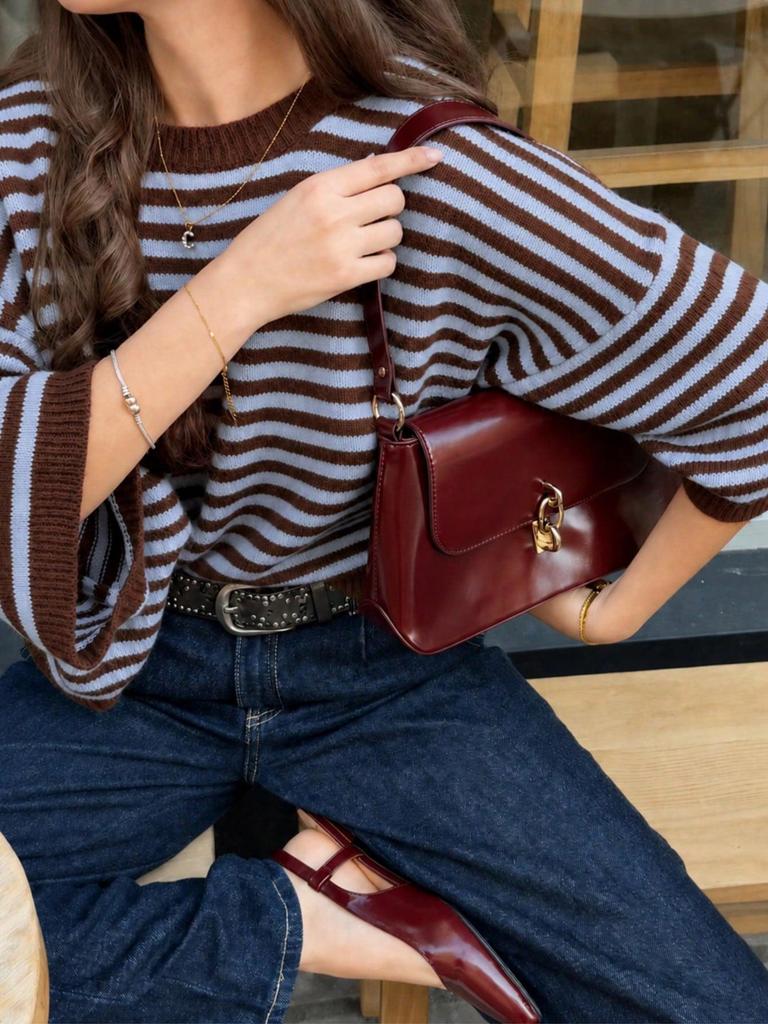 Women's Color Block Horizontal Stripe Knitwear - Casual Loose Batwing Mid-Sleeve Short Pullover Sweater