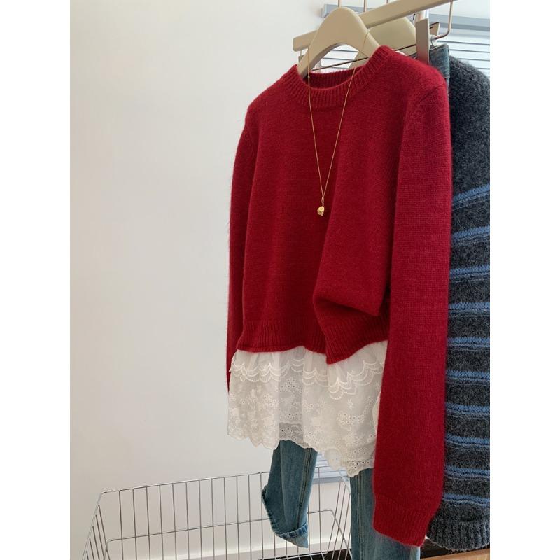 Ny Falsk Tvådelad Spets Splicing Lös Yttertröja för Kvinnor Höst Vinter