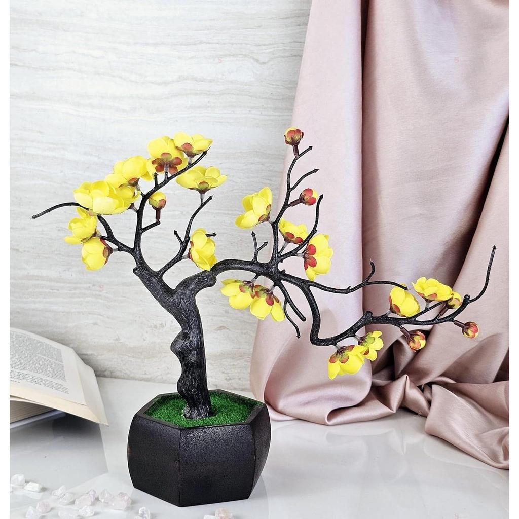 Artificial Cherry Blossom Bonsai Flower with Wooden Pot for Home Decor, Living Room, Center Table, Indoor  (Yellow)