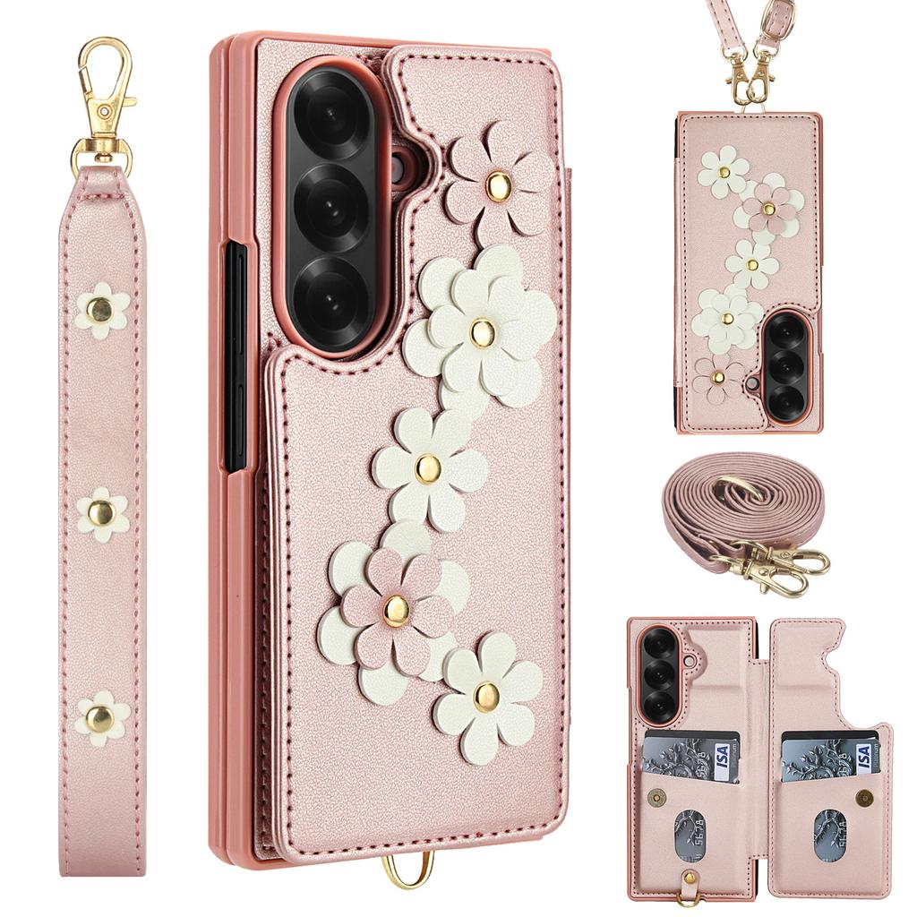 Crossbody Phone Case for Samsung Galaxy Z Fold 7 Fold 6 5 4 Flower Design Card Slot Flip Wallet Holder Hand Strap Leather Cover