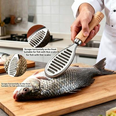 Stainless Steel Fish Scale Remover, Manual Fish Scaler With Wood Handle, Fish Cleaning Tool, Built-in Ginger Garlic Grater