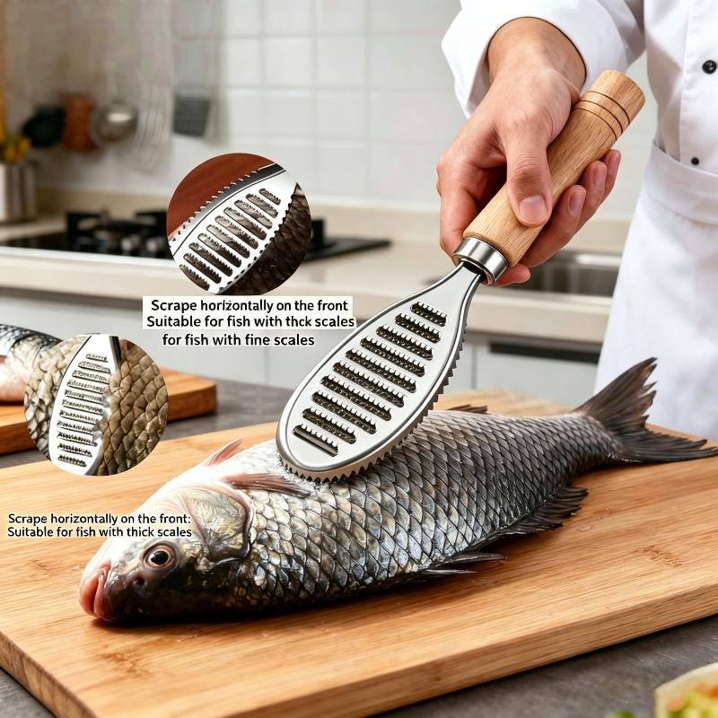 Stainless Steel Fish Scale Remover, Manual Fish Scaler With Wood Handle, Fish Cleaning Tool, Built-In Ginger Garlic Grater