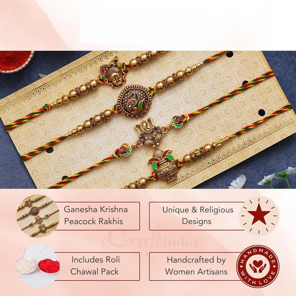 Set aus 4 Designer-Rakhis mit Lord Ganesha, Pfau, Krishna & Kalash, mit Roli-Chawal-Packung und Best Bro Ever Kühlschrankmagnet - Rakhi für Bruder