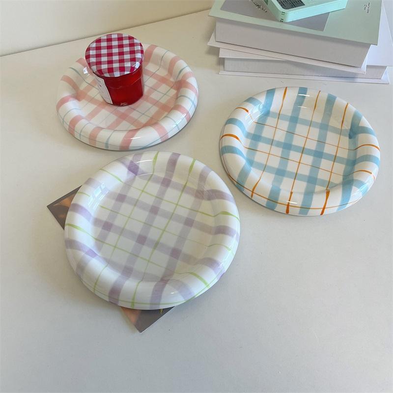 Ceramic Plates Household 6~8 Inch Grid High Aesthetic Dining Tableware Korean New Creative Personalized Cake Desssert Dish