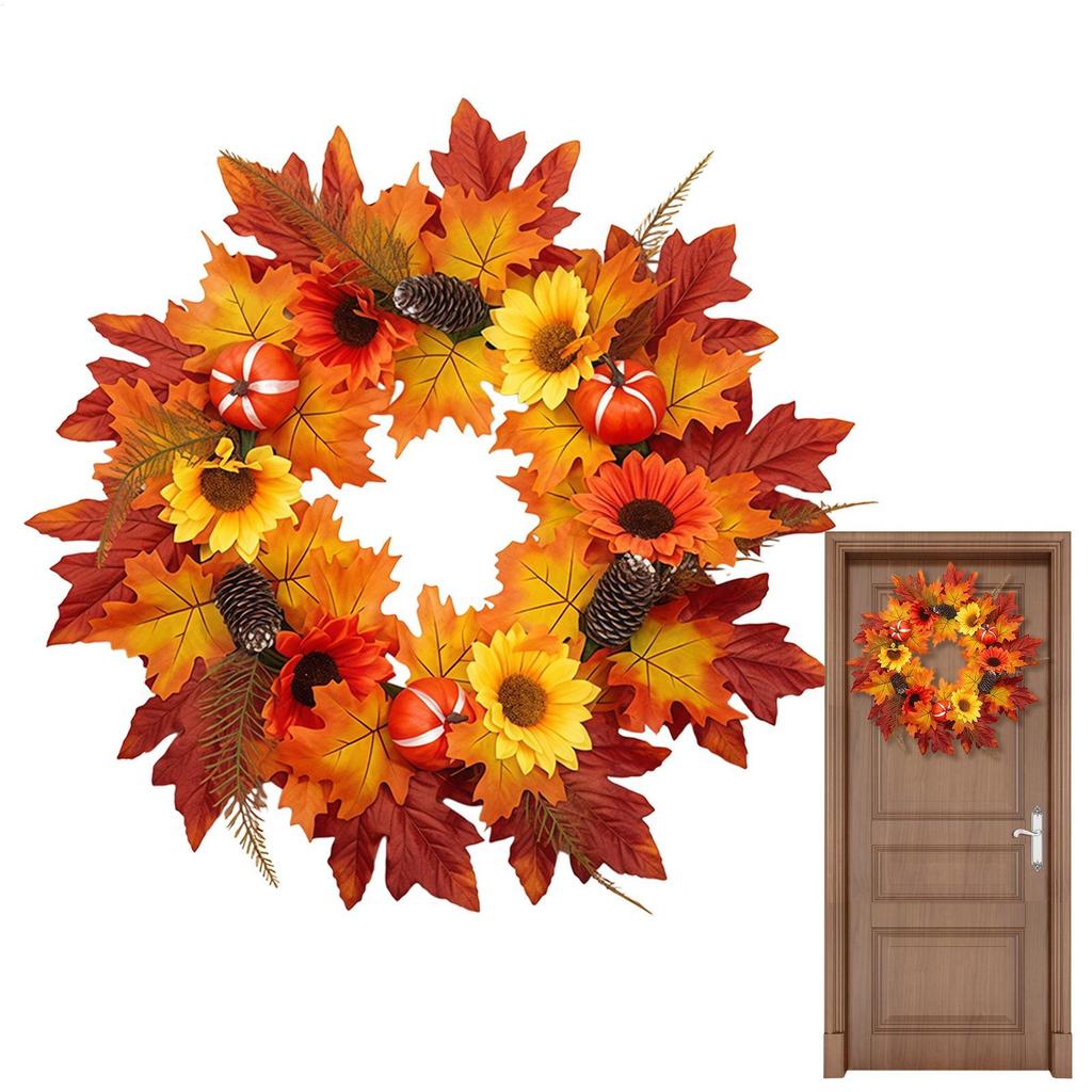 16cm Fall Harvest Halloween Pumpkin Maple Leaves Wreath Autumn Maple Leaves Rustic Style Sunflower Garland Home Decoration