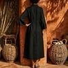 Women's Linen Blend V Neck Front Button Dress Three Quarter Flare Sleeves Loose Fit A Line Long Dress Casual Wear