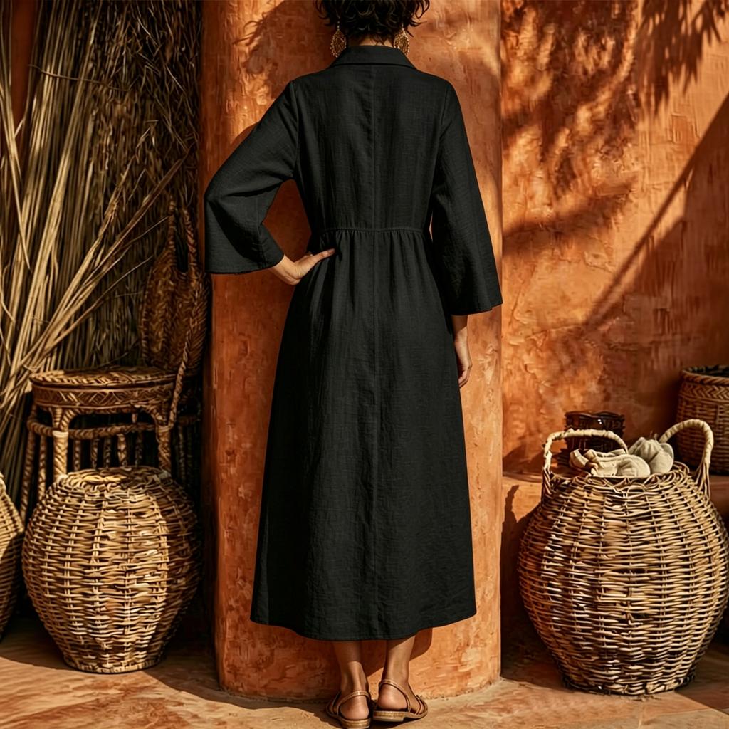 Women's Linen Blend V Neck Front Button Dress Three Quarter Flare Sleeves Loose Fit A Line Long Dress Casual Wear