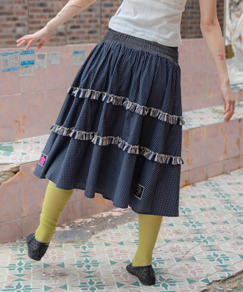 Lunakihu Wxsk019 Yurarimori Check Smoked Banding Skirt (Navy)
