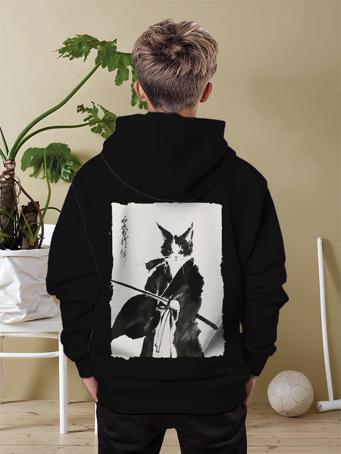 

Повседневная толстовка с капюшоном для мальчиков, 3D-принт с изображением кота-самурая в стиле Харадзюку, спортивный стиль, индивидуальный уличный принт, повседневная повседневная толстовка с капюшоном 160