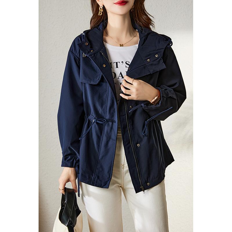 

Хаки плащ-тренч с капюшоном женский весенне-осенний новый осенняя одежда короткий маленький весенняя куртка на кулиске женская одежда XL темно-синий