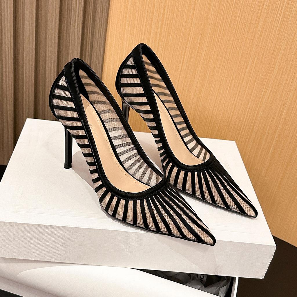 97035-18 Mesh High Heels Muse Fan New Pointed Temperament Striped Single Shoes Fashion Thin Heel Celebrity Women's Shoes