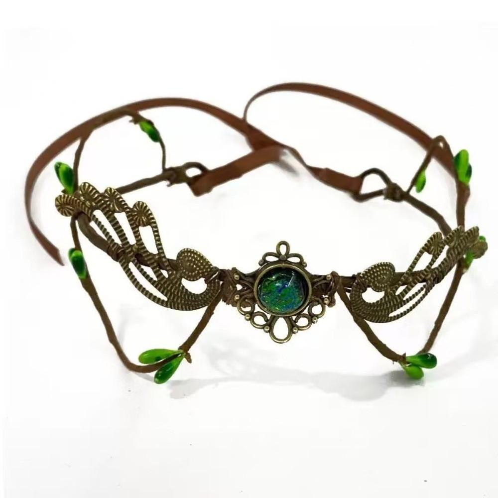 Renaissance Bridal Forehead Chain Green Gemstone Branch Leaf Headpiece Outdoor Photo Prop