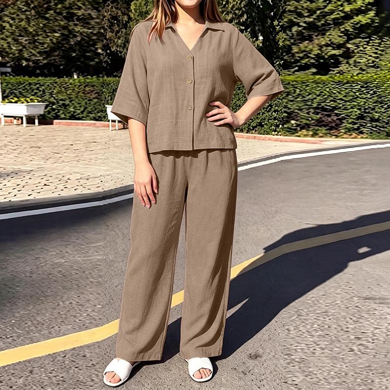 ZANZEA Women Casual Two Piece Set 3/4 Sleeve Button Up Shirt and Wide Leg Long Pants Loose Matching Outfits