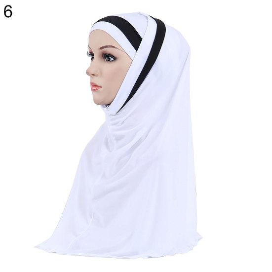 Women Color Block Muslim Soft Hijab Wrap Polyester Islamic Scarf Cap Headwear