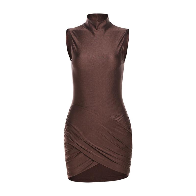 Fashion Elegant Half High Neck Sleeveless Dress New Solid Color Pleated Hip Casual Party Short Dress Female Simple Women's Clothing 3058