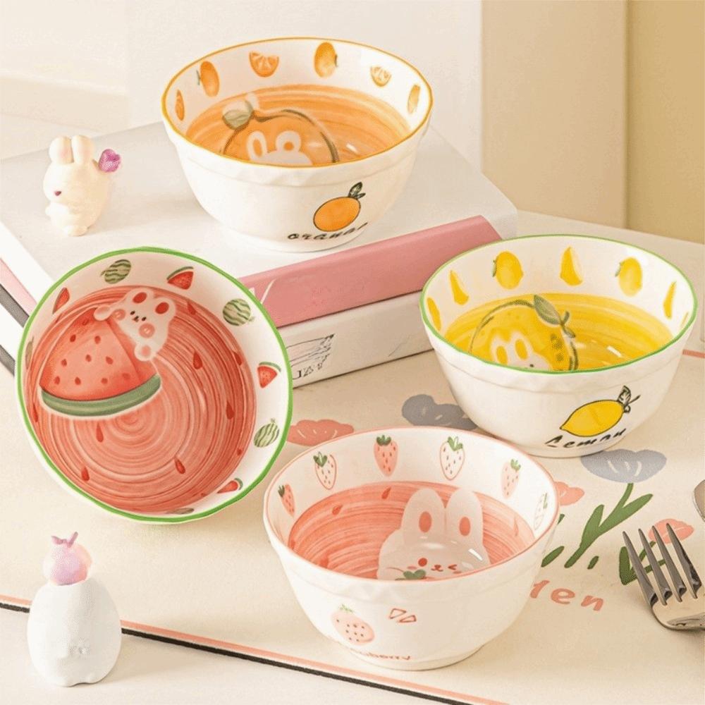 Strawberry Rabbit Pattern Ceramic Bowl Under Glaze Color Soup Bowl Cute Fruit Salad Bowl Tableware