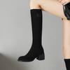 Korean version of large size elastic suede tall boots comfortable solid color rubber sole medium heel autumn and winter round head square heel