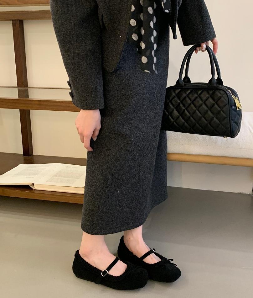 Internet Celebrity French Bow Warm Flat Bottom Fluffy Shoes Women Wear 2025 New Velvet Mary Jane Cotton Shoes