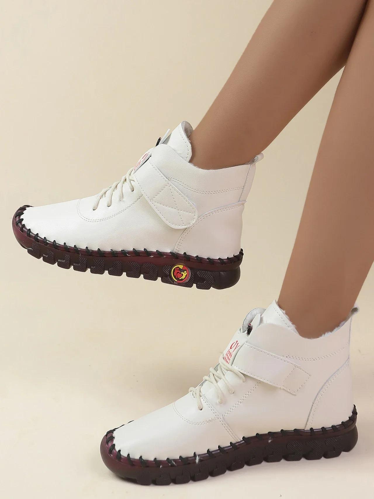 

Мода 2024 года, новые зимние сапоги на плоской подошве, женские кожаные высокие ботинки с мягкой подошвой из хлопка, ботинки Mother Snow Botas De Invierno Para Mujer 43 белый