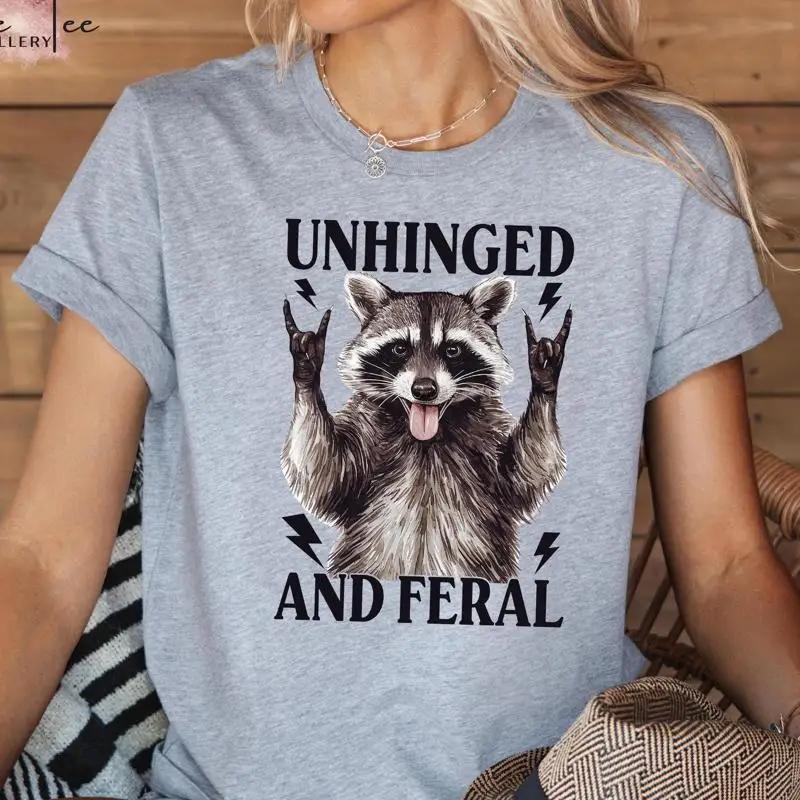 Unhinged And Feral T Shirt Funny Rocking Hand Raccoon Retro Sarcastic Mental Health Cute Girl
