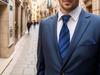 [S&W SHLAX&WING] Men's Tie Set, Striped, Pocket Square, Two-Tone, Navy Dark Royal Blue, Groom's Side, Slim Fit