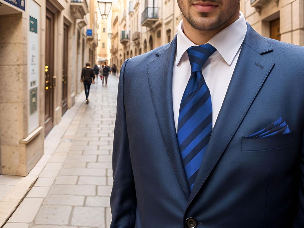 [S&W SHLAX&WING] Men's Tie Set, Striped, Pocket Square, Two-Tone, Navy Dark Royal Blue, Groom's Side, Slim Fit