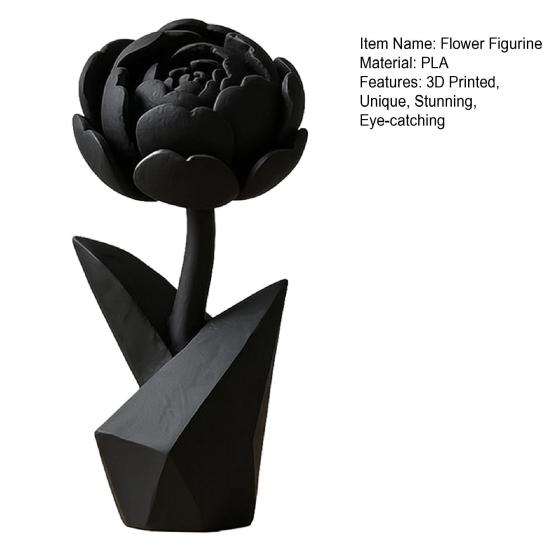 3D Printed Flower Figurine, Small Black Peony Tabletop Ornament for Office Executive Desk, Living Room, Bedroom Shelf Decor
