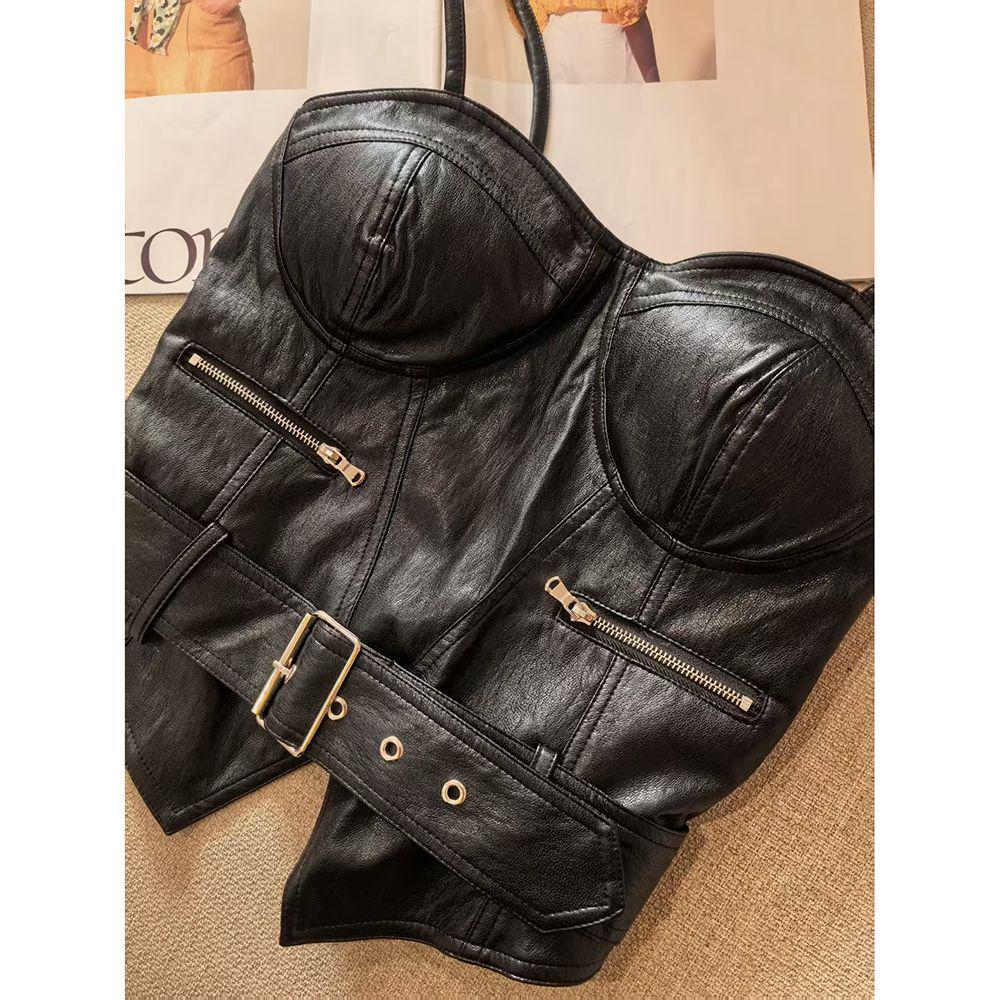 

European Biker Strapless Leather Top: Sexy Clubwear Bandeau with Suspenders for Women Medium чёрный