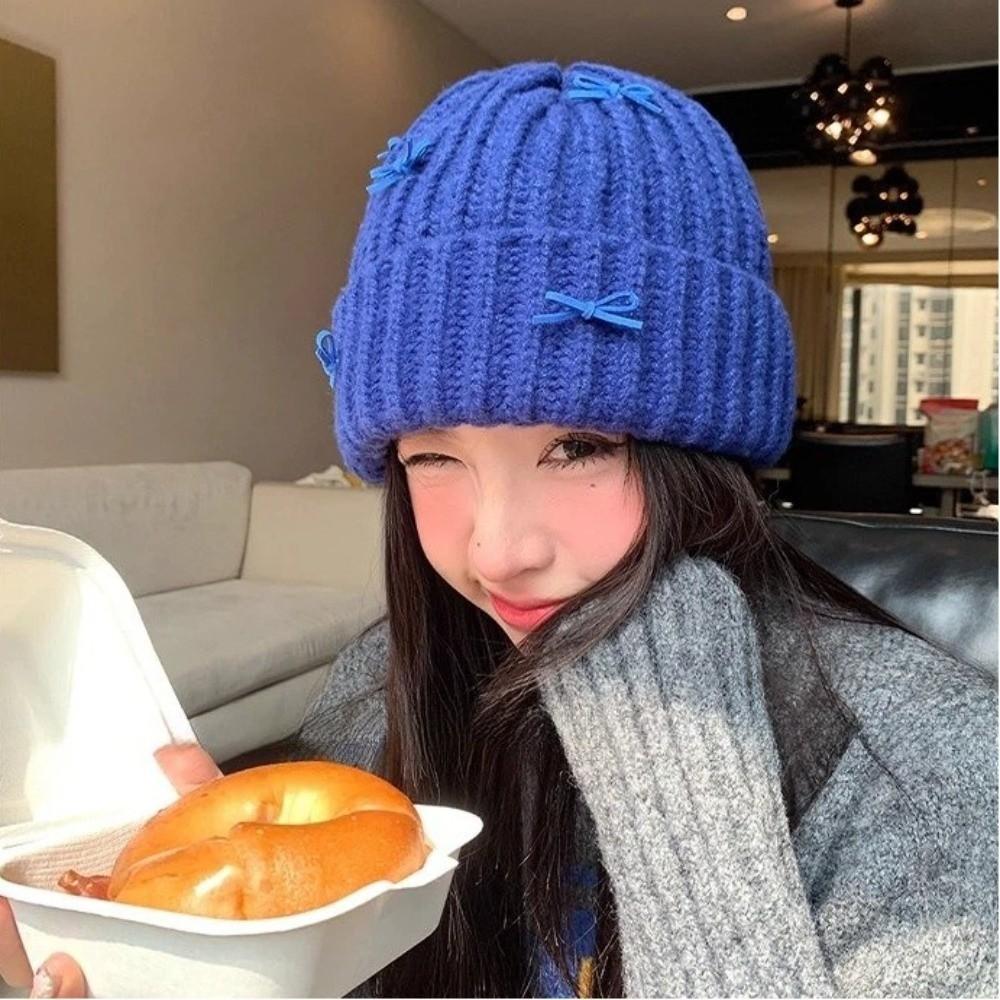 Cold-proof Bow Knitted Hat Korean Style Bow Winter Hat Warm Pullover Hat  Autumn