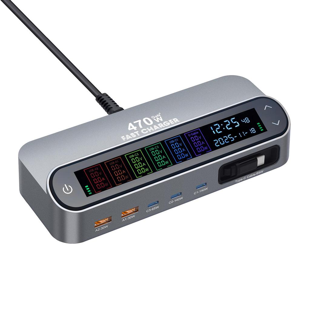 New 470W GaN Retractable Cable Desktop Charger with 405W & 140W Digital Display Outputs