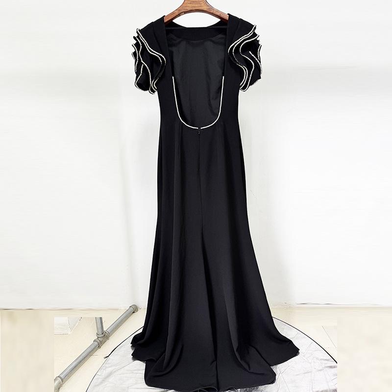 2025 European & American Designer Rhinestone Ruffle Sleeve Backless Floor-Length Gown