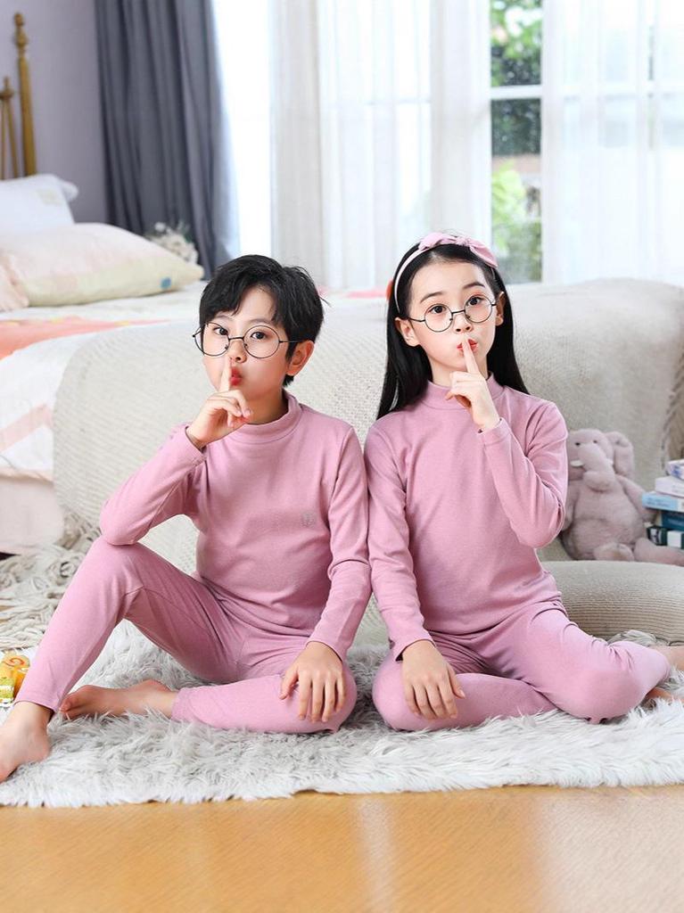 Kinder Thermo-Set mit gebürsteter Innenseite und mittelhohem Kragen: Warmes einfarbiges Oberteil & Unterteil für Jungen und Mädchen