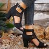 Women's Chunky Heel Peep Toe Cutout Backless High Heel Sandals with Hook & Loop Back Zipper