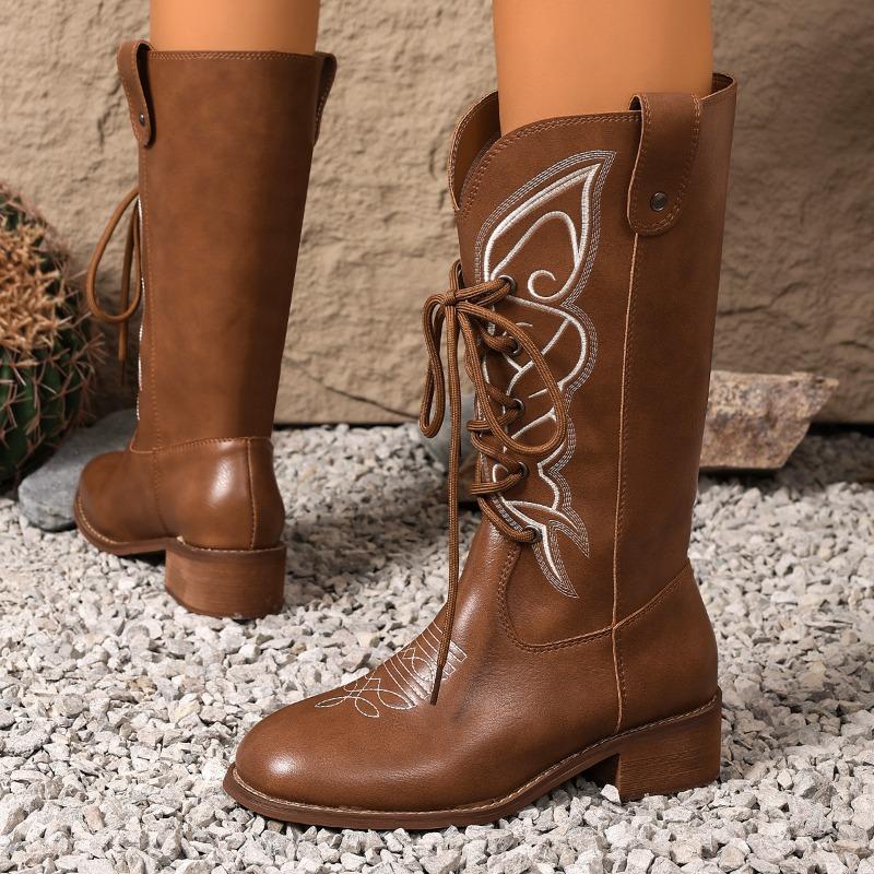Autumn New Retro High Tube Lace-up Western Cowboy Boots Women's Foreign Trade Versatile Thick Heel Strap Embroidered Knight Boots