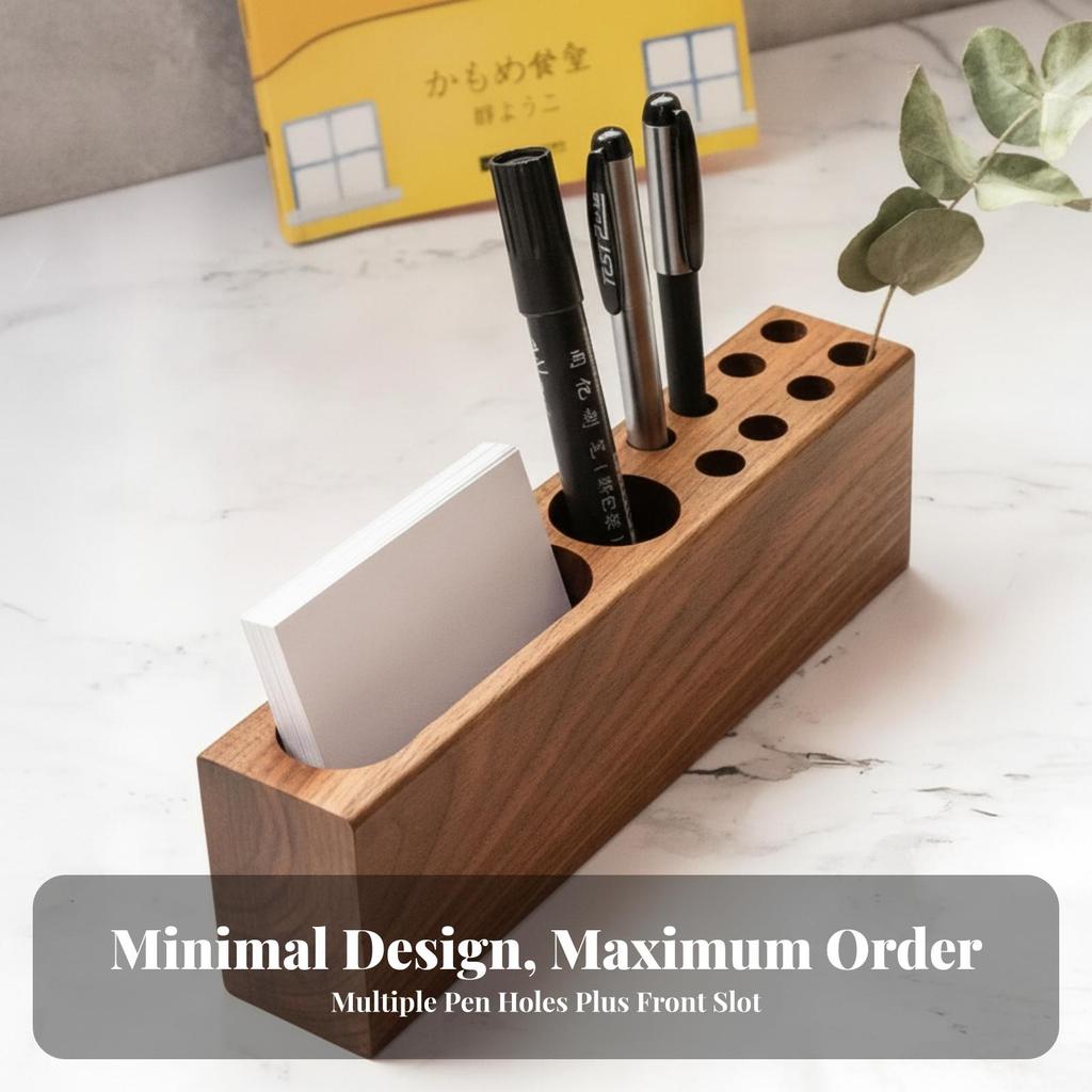 Pen Holder with Card Slot Natural Wood Desk Tidy Compact for Study Room