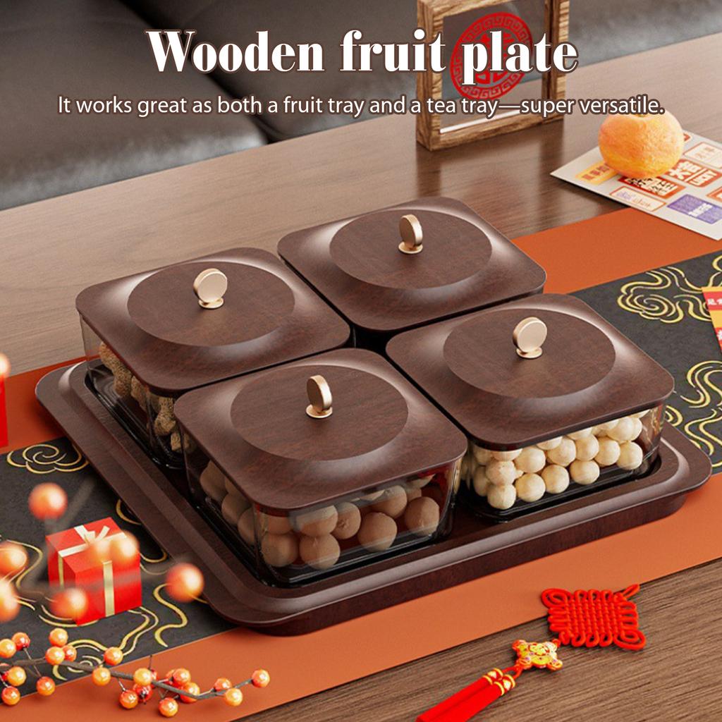 Set of 4 Plastic Imitated Wood Divided Dried Fruit Tray with Lids Appetizer Serving Tray for Party Candy Jars Cookies Nuts