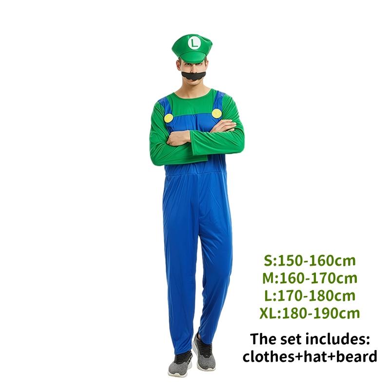 Anime Super Mario Bros Costume Jumpsuit Mario Luigi Cosplay Costume Hat Beard Suit Halloween Costumes For Adult