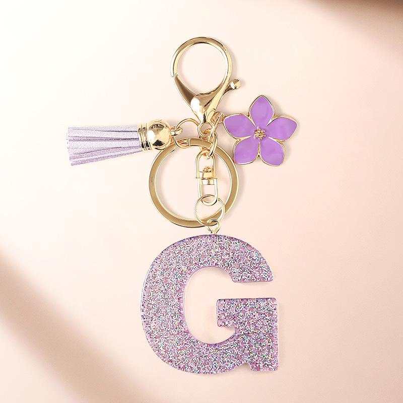 Flash Powder 26 English letters, diy, Resin keychain, purple flower, pendant, bag pendant, keychain, Christmas gift, Stocking stuffers