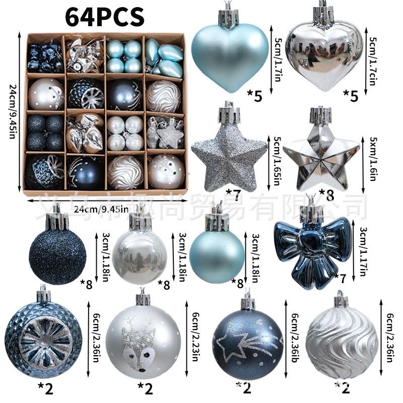 64pcs Christmas Ornament Set - Painted Ball Decorations Tree With Star Heart Bow Design