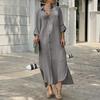 Cotton Linen Dress Long Skirt with Shirt Collar Button