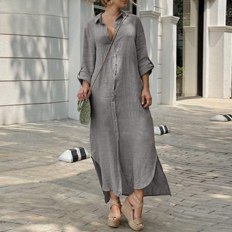 Abito in cotone e lino gonna lunga con colletto a camicia e bottone