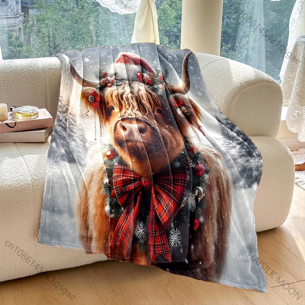 

Festive Cattle with Christmas Decor Pattern Blanket Flannel Material Soft Warm for All Seasons, Home Outdoor Camping Picnics RV 75x90cm