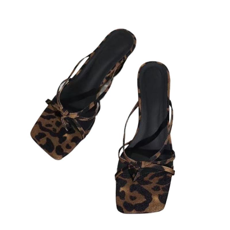 Fashion Leopard Women Wedges Slippers Square Toe Heeled Sandals Designer 2025 Summer New Shoes Sexy Party Woman Slingback Pumps Brand