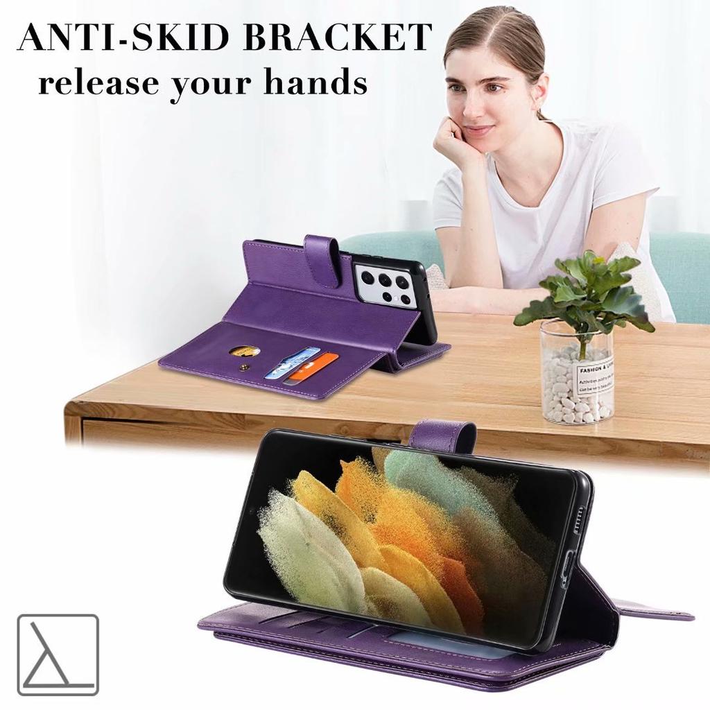 Suitable for Samsung S21 Mobile Phone Leather Case A02S Multi-function Card Wallet Anti-drop Protective Case A72 Solid Color