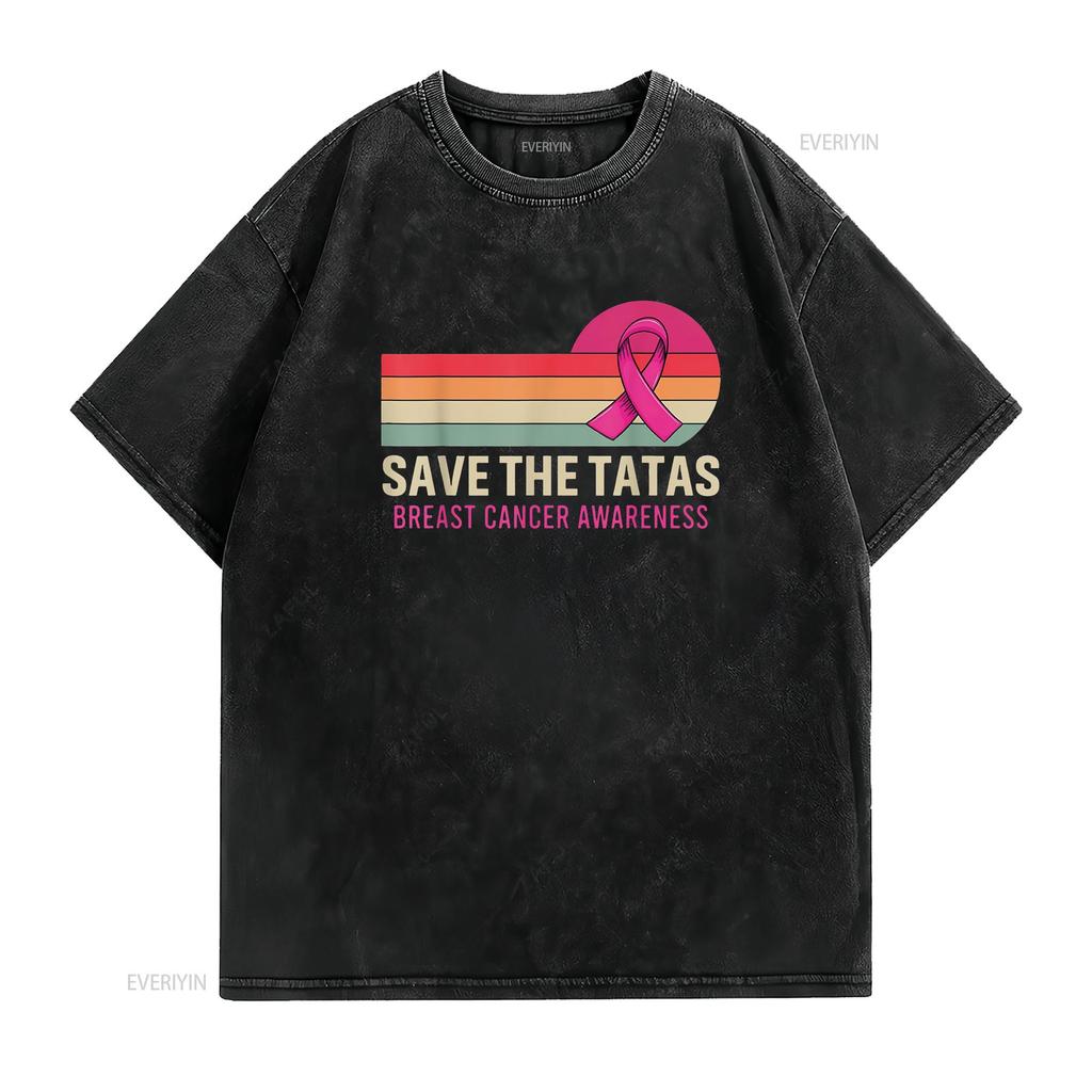 Womens Retro Vintage Save The Tatas Breast Cancer Awareness Ribbon T Shirt Black 2X Large vintage Washed Casual Breathable